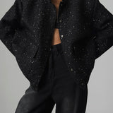 Paillettejakke med høj krave og lommer