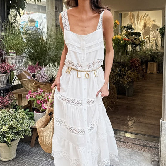 Løstsiddende maxikjole med flæser og boheme-blondepatchwork