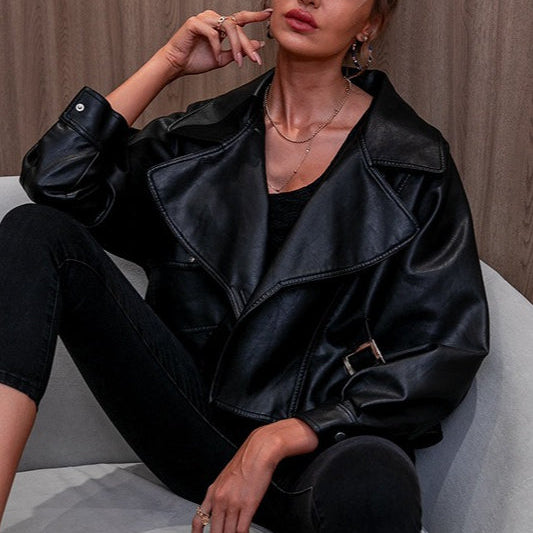 Langærmet PU-læderjakke