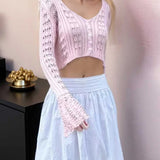 Langærmet vest i åbent strik med V-hals