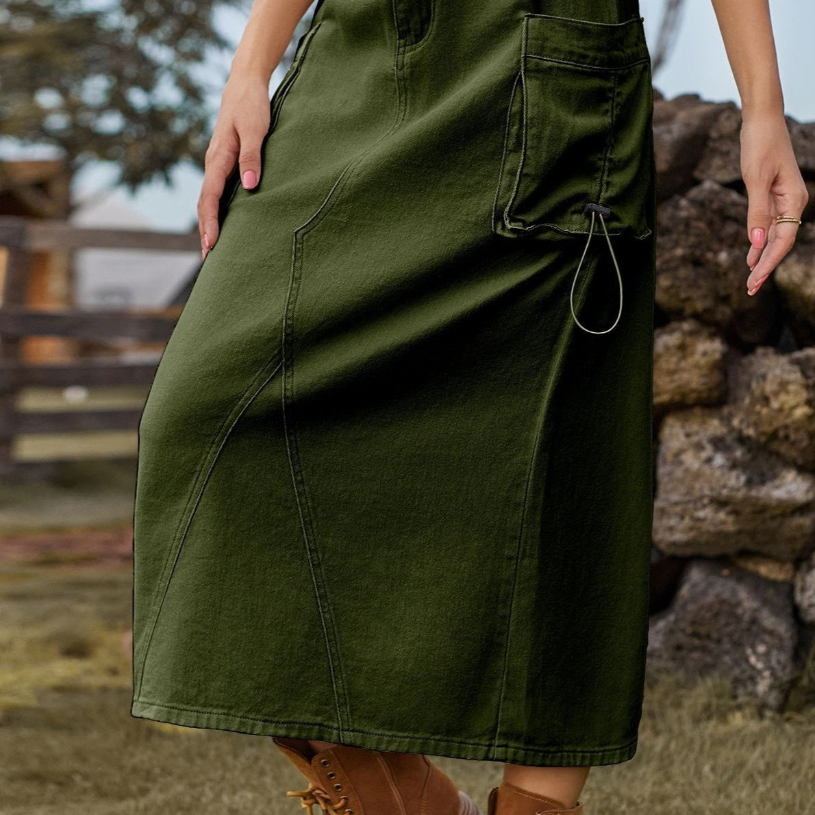 Vintage højtaljet midi-cargo-nederdel i denim