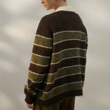 Oversized stribet strikcardigan med farveblok V-hals