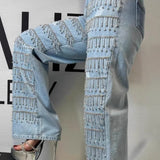 Jeans med lige ben og rhinstensfrynser