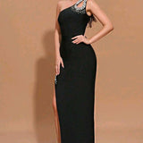 Asymmetrisk aftenkjole med rhinsten og bandage