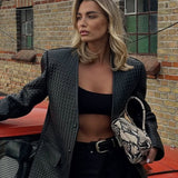 Langærmet vævet læderjakke med V-hals