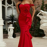 Ærmeløs maxikjole med off-shoulder-design og 3D-blomsterprint