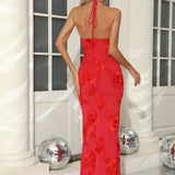 Sexet bodycon aftenkjole med åben ryg og 3D-blomsterbroderi