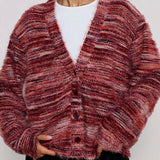 Løstsiddende cardigan med farverige striber og V-hals