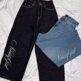 Lige jeans broderet med englevinger og rhinsten