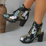 Dameankelstøvler - Blokhæl - Snørebånd og lynlås i siden - Trendy kunstnerisk mønster