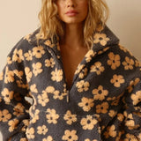 Løstsiddende sweatshirt med lynlås og trykt imiteret sherpapels