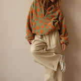 Løstsiddende sweatshirt med lynlås og trykt imiteret sherpapels