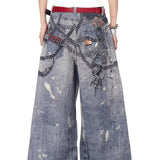 Vide, løstsiddende jeans med 3D-kædeprint i streetwear-stil