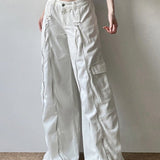 Hvide cargojeans med vide ben og lange lynlåslommer