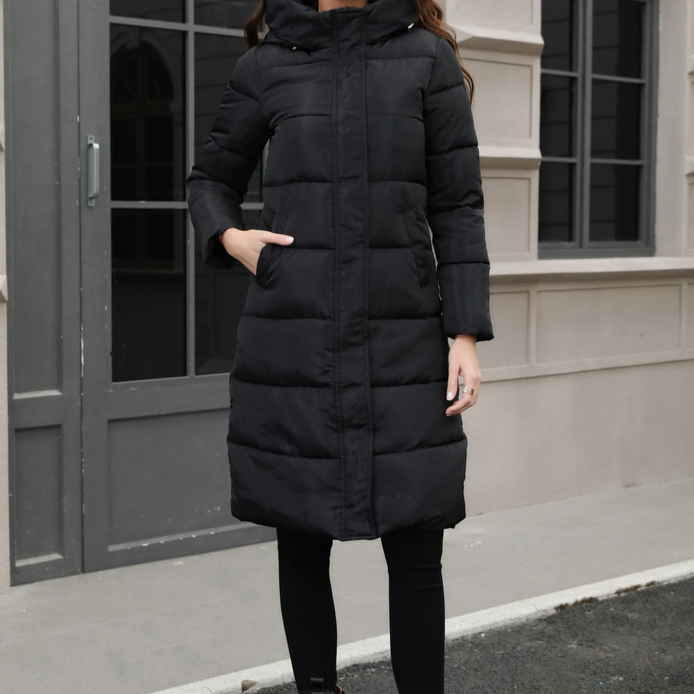 Plus size lang dunjakke med hætte