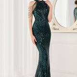 Paillettebesat havfrue-maxikjole med åben ryg