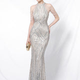 Paillettebesat havfrue-maxikjole med åben ryg