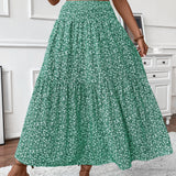 Lang damenederdel - Elastik i taljen - Flæsemønster - Blomsterprint