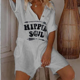 Damejumpsuit med knapper - Hippieprint - Korte ærmer - Afslappet pasform