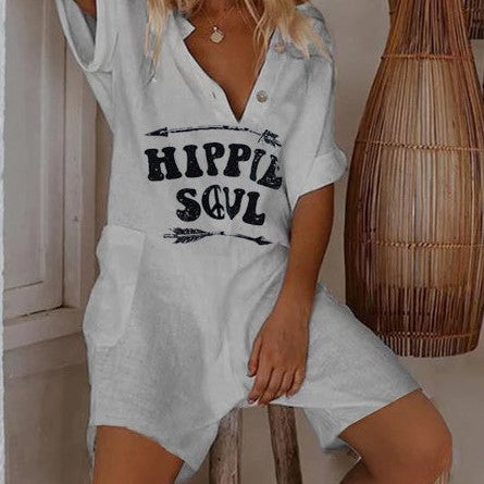 Damejumpsuit med knapper - Hippieprint - Korte ærmer - Afslappet pasform