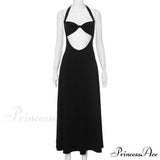 Ærmeløs, tætsiddende midi-aftenkjole med åben ryg og udskåret kant, ideel til fester.