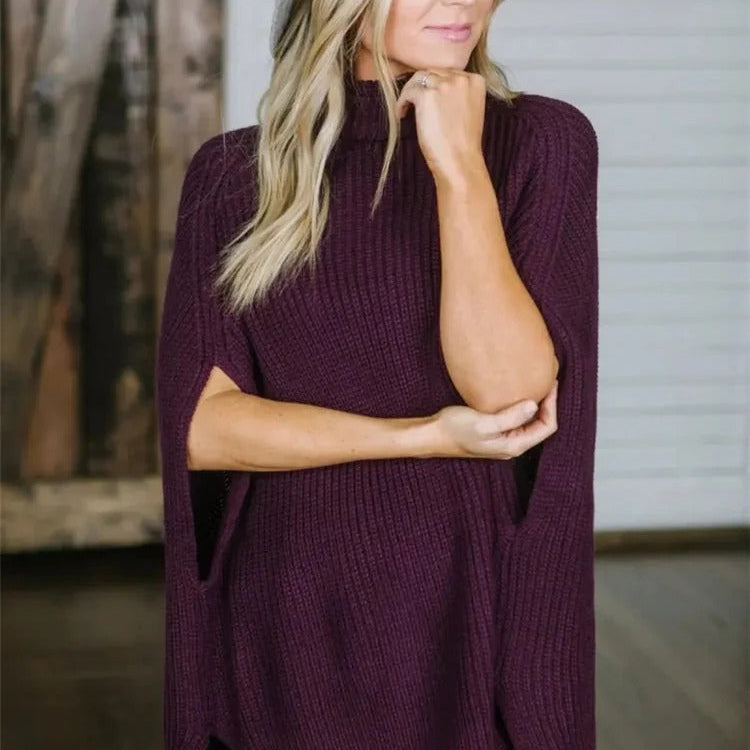 Dameponcho – Uldstrik – Løs pasform – Rullekrave – Vide ærmer