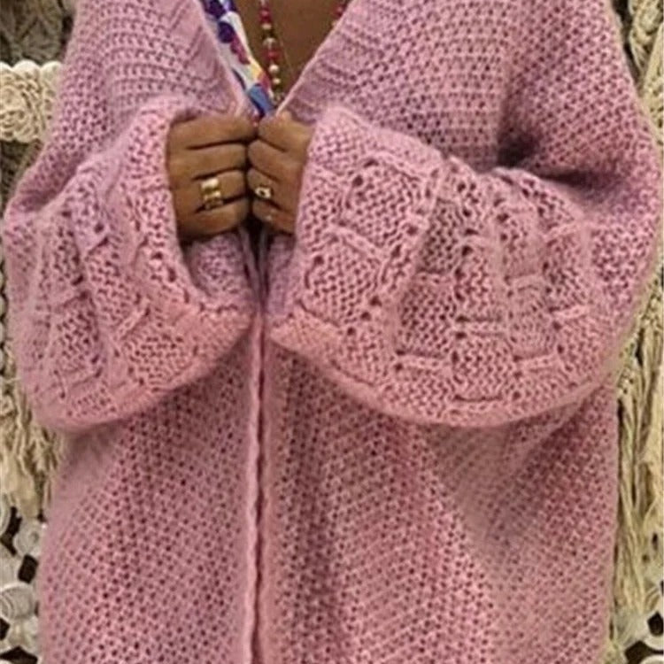 Damecardigan – Grovstrik – Oversized pasform – Åbning foran – Vide ærmer