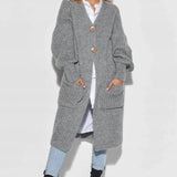 Damestrikfrakke – Tyk uld – Oversized pasform – Lang – Knappet – Lommer