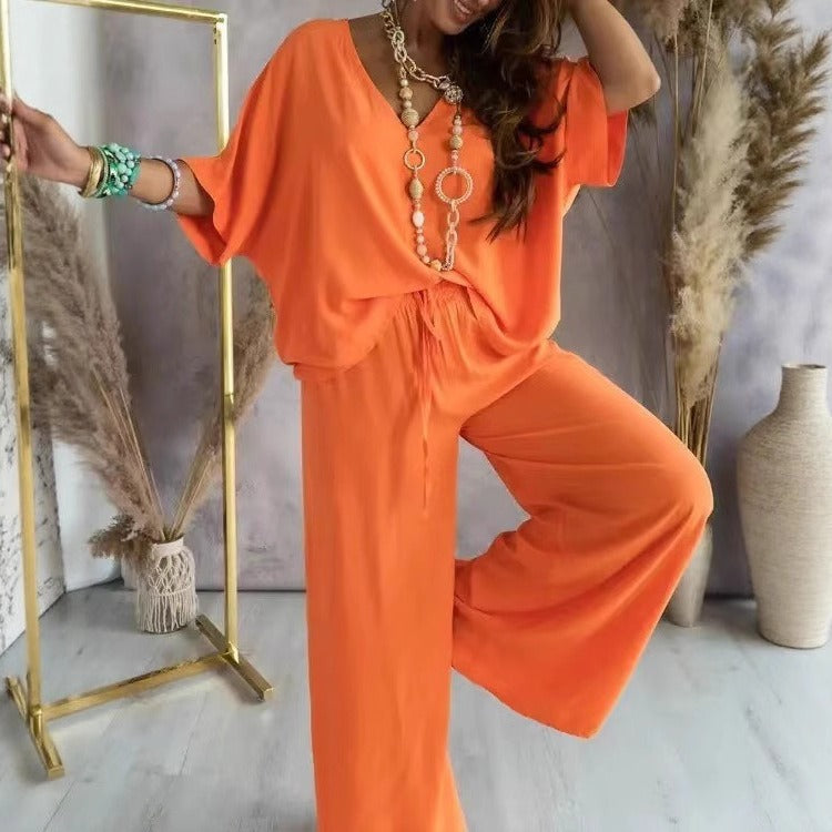 Damesæt med V-hals – Afslappet pasform – 3/4 ærmer – Hør og åndbar bomuld