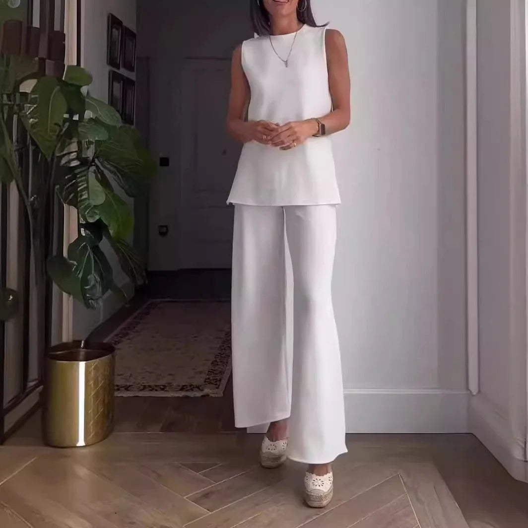 Sæt med ærmeløs bluse og palazzobukser til kvinder – afslappet pasform – blød bomuld