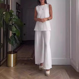 Sæt med ærmeløs bluse og palazzobukser til kvinder – afslappet pasform – blød bomuld