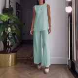 Sæt med ærmeløs bluse og palazzobukser til kvinder – afslappet pasform – blød bomuld