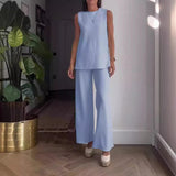 Sæt med ærmeløs bluse og palazzobukser til kvinder – afslappet pasform – blød bomuld