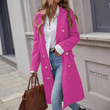 Lang damefrakke – Uld – Tætsiddende snit – Dobbeltradet – Elegant bred krave