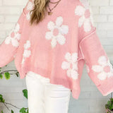 Dametrøje – Oversized pasform – Blød strik – Perlebesat blomsterdetalje – Rund hals