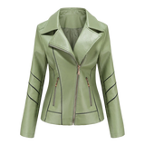 Dame læderjakke – Tætsiddende snit – Asymmetrisk lynlås – Hakkrave – Bikerstil