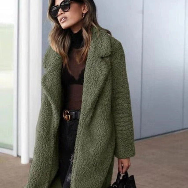 Dame teddyjakke – Oversized pasform – Lang længde – Hakkrave – Blød fornemmelse
