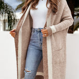 Lang cardigan til kvinder – Oversized pasform – Hætte – Blød strik – Åben front med lommer