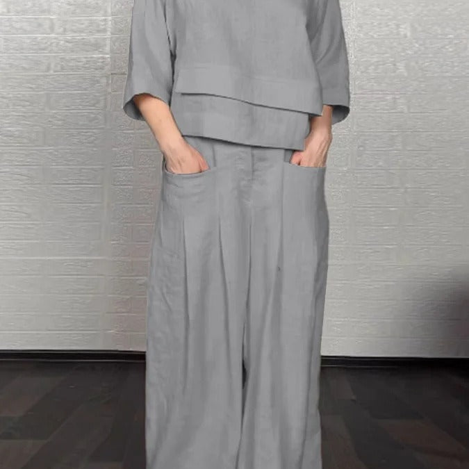 Dame casual outfit – Oversized top med v-hals – Højtaljede bukser med vide ben – Bomuld og hør