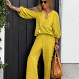 Damesæt med top og bukser – hør og bomuld – V-hals – 3/4 ærmer – løs pasform