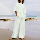 Damesæt i to dele – Letvægtsstof – Top med korte ærmer og rund hals – Bukser med vide ben