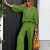 Damesæt med top og bukser – hør og bomuld – V-hals – 3/4 ærmer – løs pasform