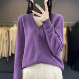 Damecardigan – Uldstrik – Afslappet pasform – V-hals – Lange ærmer – Knaplukning