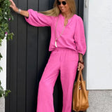 Damesæt med top og bukser – hør og bomuld – V-hals – 3/4 ærmer – løs pasform