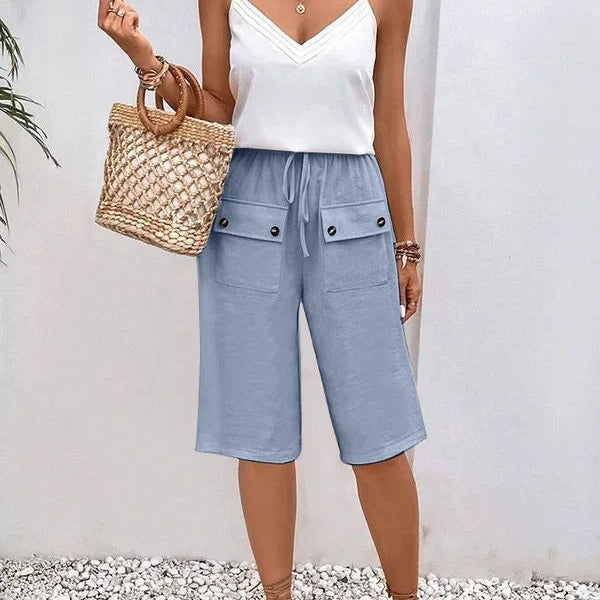 Damebukser – Løs pasform – Knælang – Snøre i taljen – Åndbart stof