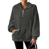Damesweatshirt – Oversized pasform – Blød fleece – Halv lynlås – Høj hals – Kængurulomme