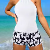Tankini-badedragt til kvinder – Åben ryg – Shorts med blomstermønster og bånd foran – Åndbart stof