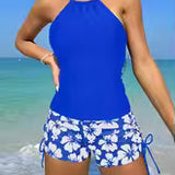 Tankini-badedragt til kvinder – Åben ryg – Shorts med blomstermønster og bånd foran – Åndbart stof