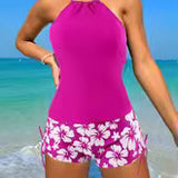 Tankini-badedragt til kvinder – Åben ryg – Shorts med blomstermønster og bånd foran – Åndbart stof