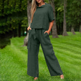 Damesæt i to dele – Kortærmet crop top – Højtaljede bukser med vide ben – Bomuldsstof